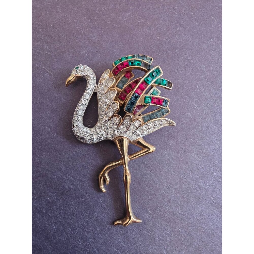 Vintage Carolee Flamingo Rhinestone & Colored Gemstone Gold-Tone Brooch Pin